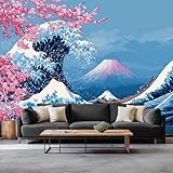 Générique Murale Photo Papier Peint 300 x 210 cm Mont Fuji Fleurs De Cerisier Vagues Intissé Tableaux Poster Murale,Style Hokusai Papier Peint Panoramique Salon Maison Décorative Tenture Appartement