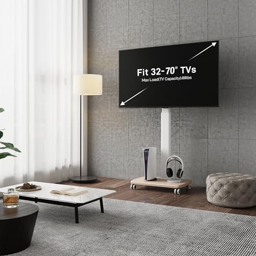 FITUEYES Rolling TV Stand for 32 to 65 70 Inch TVs, Portable Mobile TV Cart on Wheels, Tall Universal TV Floor Stands with Swivel Mount, Fit Corner, Bedroom, Living Room, Small Dorm (White)
