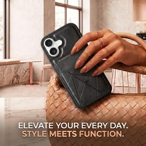 Image of amazon basics Premium Vegan Leather Back Cover with Card Holder and Integrated Mobile Stand for iPhone 16 - Slim Shockproof Wallet Case with Geometric Stitching [Black]