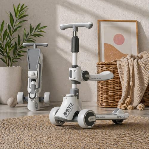 Image of Multi-Functional 2 in 1 Kids Kick Scooter with Foldable Seat | Adjustable Handlebar | PU LED Flashing 3 Wheels | for Boys & Girls Age 3-14 Years. (KS-110 Grey)