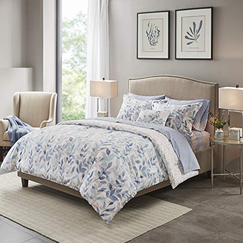Madison Park Essentials Cozy Bed in a Bag Reversible Comforter with Complete Sheet Set - Modern Botanical Print All Season Cover, Shams, Decorative Pillow, King(104"x92"), Blue 8 Piece by Madison Park - Used condition - US$36.09