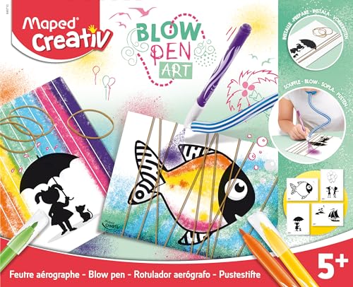 MAPED - Manualidades para Niños - Blowpen Art Hilo - Colorear Soplando Tinta - Incluye 1 Accesorio Aerógrafo, 6 Rotuladores de Colores, 4 Tarjetas Impresas y 10 Gomas Elásticas