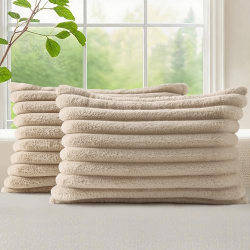 Image of decorUhome Fall Cozy Faux Fur Throw Pillow Covers 12x20 Set of 2 Decorative Soft Plush Striped Lumbar Modern Farmhouse Boho Couch Pillow Cases with Velvet Back for Sofa Bed Living Room, Khaki Brown