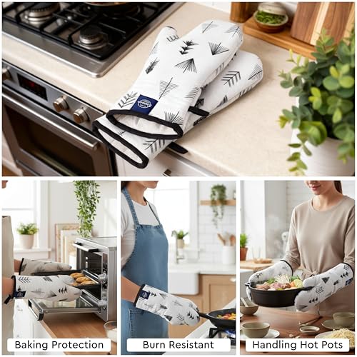 Image of Encasa XO Extra Long 18x35 cm Microwave Oven Gloves Mitts (2 pcs) for Kitchen Cooking - Black Arrow - Heat Resistant, Thick & Safe, Protection of Hands from Hot Utensils, Gas Flame, Grill, Barbecue