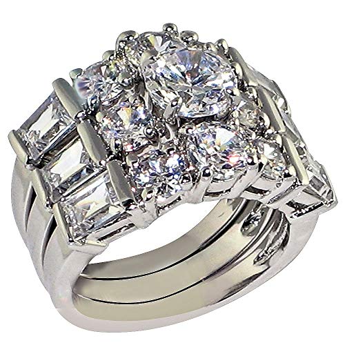Ultra Luxurious 8 Ct. Round-Shape and Emerald-Shape Cubic Zirconia Cz Solitaire Bridal Engagement Wedding 3 Piece Ring Set (Center Stone is 2 Cts) (8)