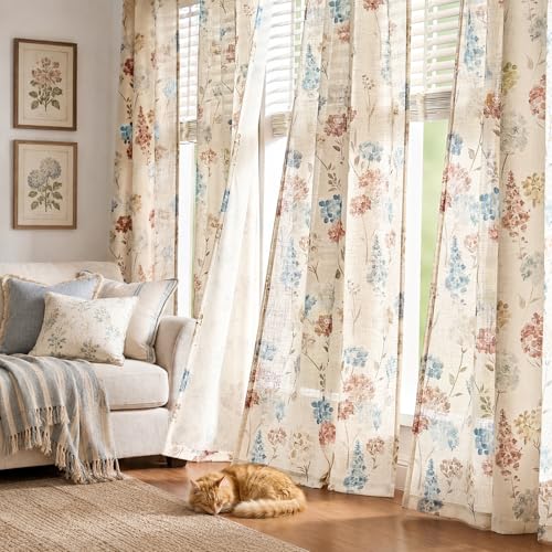 Image of jinchan Floral Linen Curtains 96 Inch Vintage Cottagecore Back Tab 2 Panels