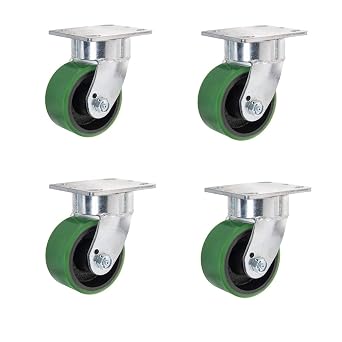 Extra Heavy Duty Kingpinless Swivel Caster with Polyurethane Mold on Steel - 1,500 lbs/Caster 4" Wheel, 4 Green Swivel