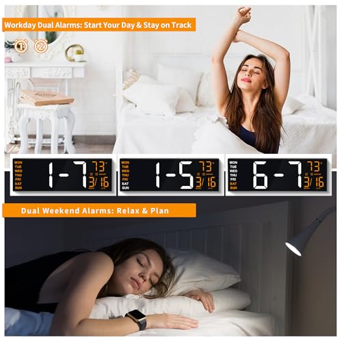 Image of Maxstar 16 inch Large Digital Wall Clock with 8 RGB Led Display & Remote Control, Loud Dual Alarms,5-Level Dimmer, Auto-DST, Temperature,Date,Night Light for Bedroom /Office /Living Room /Shop /Gym /Game Room