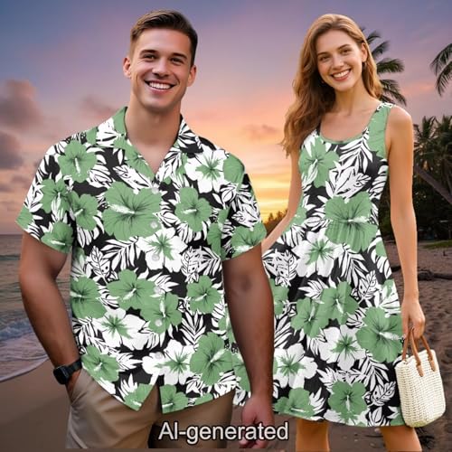 Image of Dreaweet Summer Dresses for Women A-Line Sleeveless Flowy Sun Dresses,Men's Casual Button-Down Shirts,Couple Matching Outfits