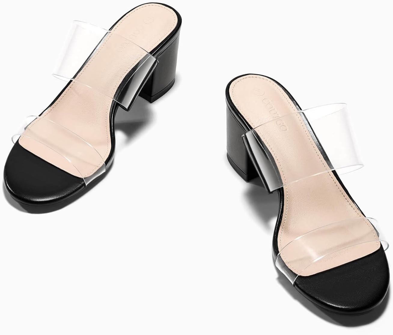 Coutgo Women's Clear Heeled Sandals Transparent Two Strap Chunky Block Heels Mules Open Toe Slip On Dress Shoes - Image 6