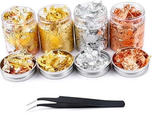 Image of A.S.K 28g Gold Foil Flakes Set, 4 Bottles (2 Gold, 1 Silver, 1 Copper) with Tweezer, Imitation Metallic Leaf Flakes for Resin Art, Nail Art, Painting, Gilding, DIY Crafts & Home Decoration