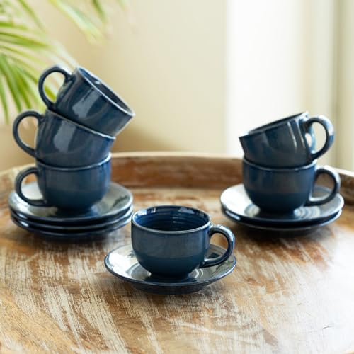 Image of ExclusiveLane 'Ocean Ripples' Ceramic Tea Cup and Saucer Set of 6 (Studio Pottery, 120 ml, Blue, Microwave Safe) |Ceramic Cup Saucer Set of 6 for Tea Cups with Saucer Chai Cup Coffee Cup with Saucers