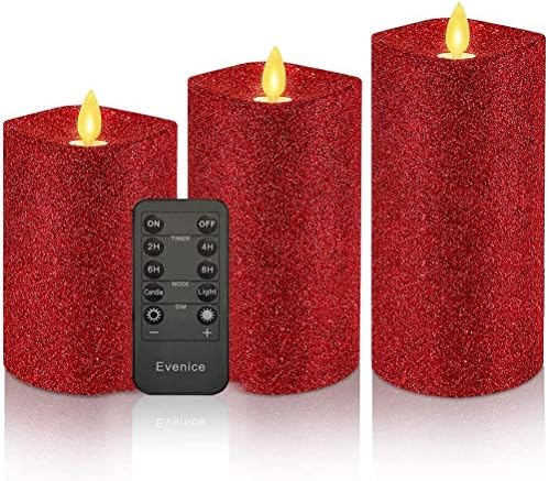 Christmas Red Powder Candle Fllickering Flameless Candles Home Decor Battery Operated with None-Moving Flame Wick with Remote Timer, Pack of 3