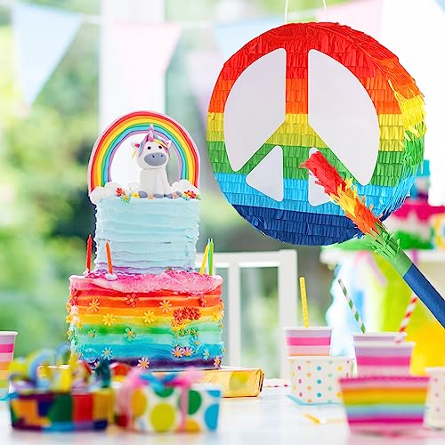 Wettarn 12 Inch Groovy Retro Piñata 60's 70's Hippie Party Rainbow Peace Sign Two Groovy Piñata with Blindfold, Bat, Confetti for Hippie Boho Groovy Flower Birthday Baby Shower Wedding