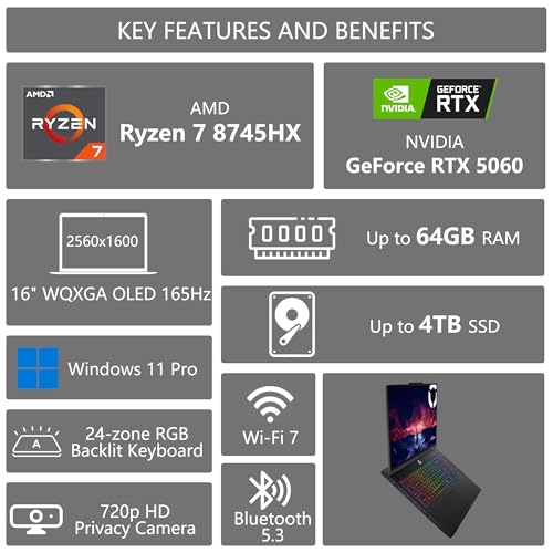 Image of Lenovo Legion 5 Pro Gaming AI Laptop | 16 inch 2560x1600 OLED 165Hz 1100nits HDR Peak | AMD 8-core Ryzen 7 8745HX | 32GB DDR5 4TB SSD | GeForce RTX 5060 (572 AI TOPS) RGB Backlit Win11Pro w /DLCA Accessory