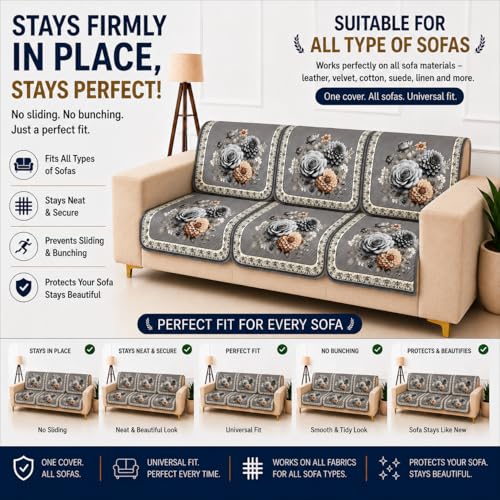 Image of Homerz 'Brooklyn Series' Premium Sofa Cover | Quilted Floral Design | Non-Slip Washable Sofa Protector | Soft Anti Slip Fabric (Grey, 5 (3+2) Seater, Seat Cover with Backrest)
