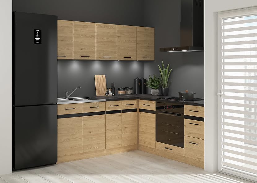 PEGANE Cuisine d'angle complète 200x200 cm, Meubles de Cuisine modulables Coloris Chêne Bernstein, Plan de Travail Noir Inclus