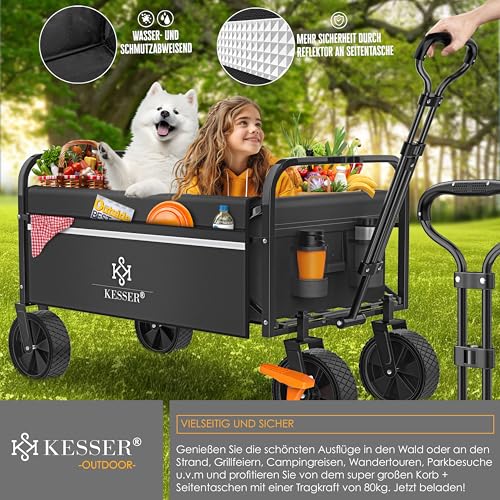 KESSER® Bollerwagen faltbar Handwagen Transportkarre max. 150kg Tragkraft & 360° PVC-Reifen Gerätewagen inkl. 2 Netztaschen, Seitentasche & Abdeckung Transportwagen Gartenanhänger ohne Dach, Schwarz