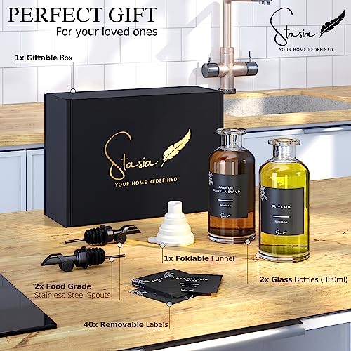 Olive Oil Dispenser Bottle For Kitchen - Free Spout, 40 Labels & Funnel - Coffee Syrup Dispenser Bottle, Glass Cooking Oil And Vinegar Dispenser Set Container, Pitcher, Cruet, Bar #TOP3