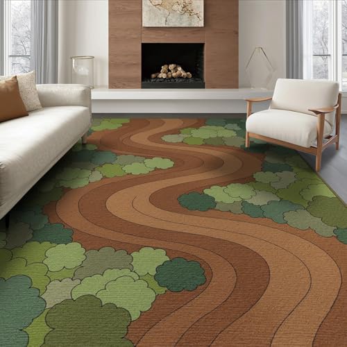 ODIKA 6'x9' Washable Flatwoven Rug, Brown Abstract Swirl Stain Resistant Large Carpet for Dining Room, Under Table, Office, Non-Slip Chair-Friendly Floor Mat | Ref:2025260