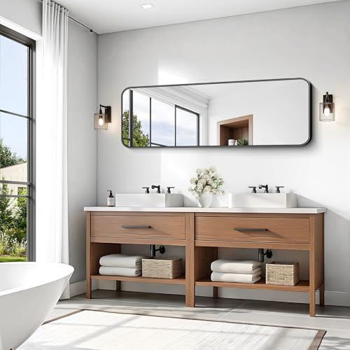 Image of KOCUUY 60 inchx20 inch Full Length Wall Mirror, Large Black Vanity Mirror with Rounded Corner & Metal Frame, Modern Design for Bathroom, Living Room, Entryway, Hang Horizontal /Vertical