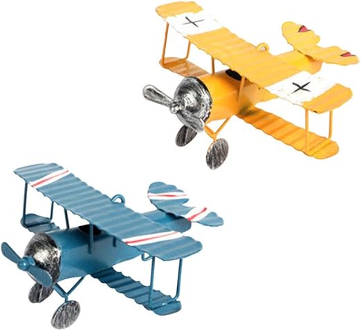 TOYANDONA Toy Airplane 2pcs Vintage Metal Planes Model Iron Retro Glider Biplane Pendant Model Airplane Kids Toy Home Office Decor ( Blue and Yellow ) Iron Metal Plane