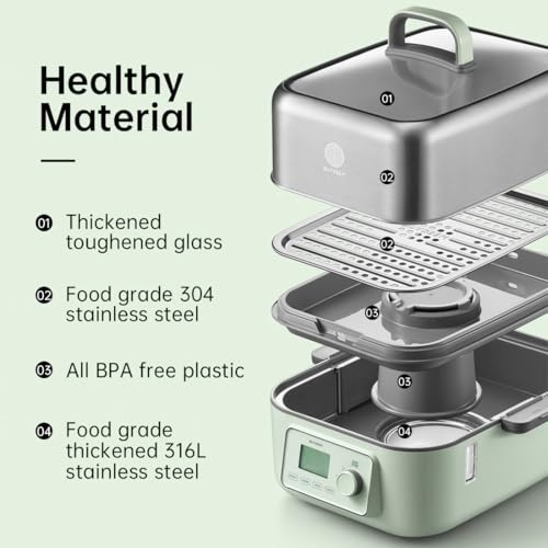 Image of BUYDEEM G67US-A503 Electric Food Steamer for Cooking, 2 Tire Stainless Steel Steamer with Manual Mode, 1500W, 14 Quart, Green
