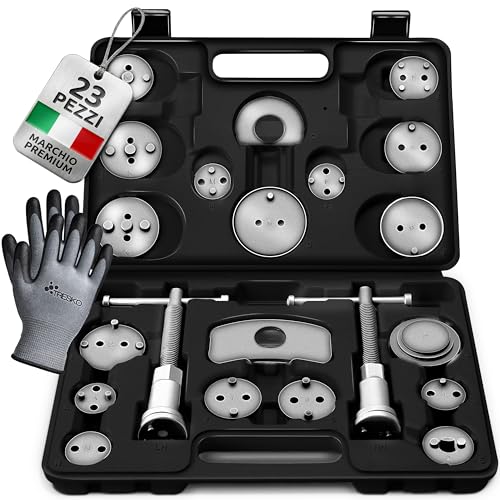 Il robusto TRESKO Set di ripristino pistone viene usato per ripristinare il pistone del freno ai freni con disco, ganasce freno o cambio delle pastiglie. Il Set con 23 pezzi può essere utilizzato universalmente per quasi tutti i costruttori di veicoli. Questo Set e necessario sopratutto per ogni veicoli con un freno a mano nella pinza, vale a dire il cavo del freno a mano agisce direttamente sul pistone del freno a disco.