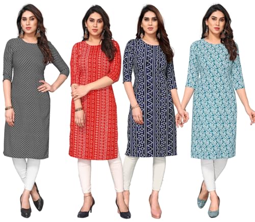 Image of JAKHANA Women's Crepe Printed Casual Straight Calf Length Round Nick Kurta Pack of 4