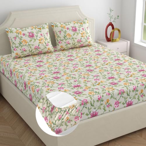 Image of Home Ecstasy 100% Cotton King Fitted Bedsheet with 2 Pillow Covers - (Size 72 x 78 inches, 140 TC, Colour - Beige)