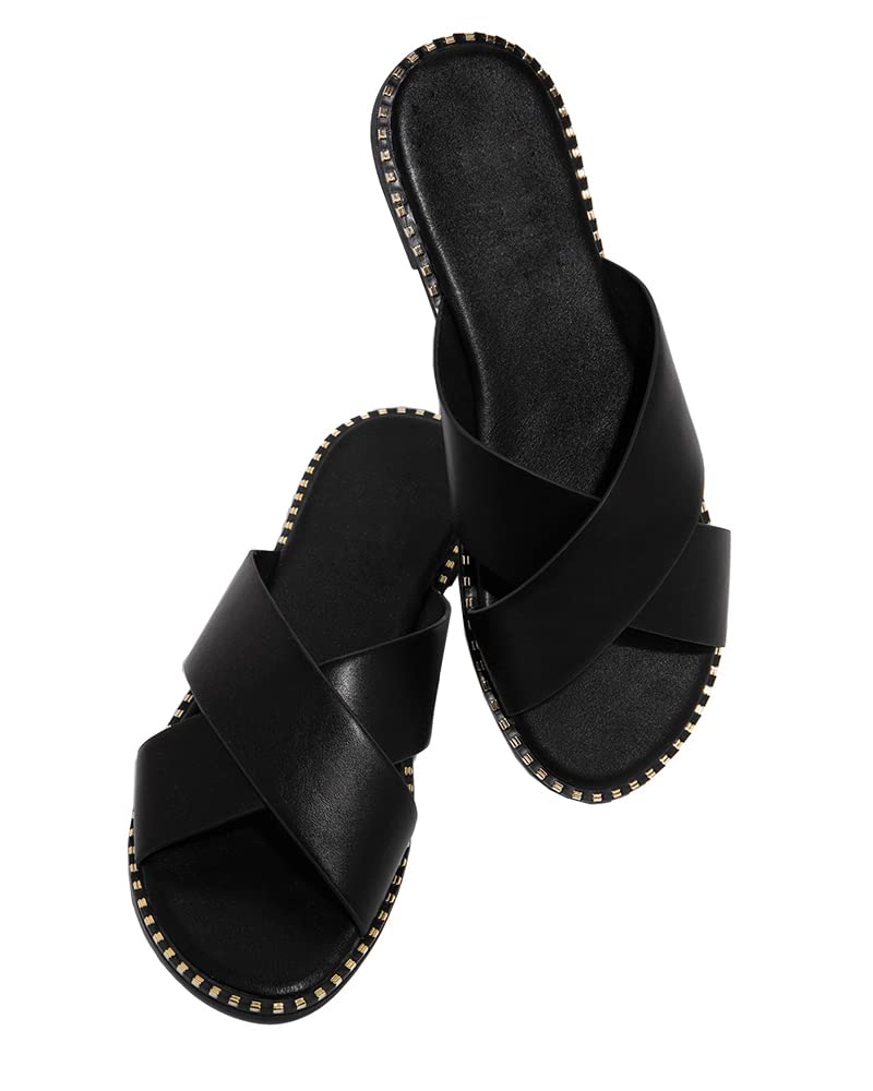 Jeimpoey Womens Studded Flat Sandals Open Toe Slip on Mule Slides Crossed Strap Slipper
