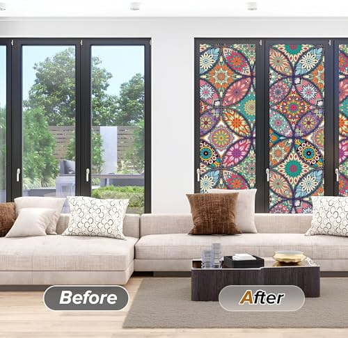 Image of Premium Vinyl Privacy Mandala Window Glass Sticker (16x72 Inch) - Self-Adhesive Film Decorative Sheet Tint Wallpaper for Glass Cover Window, Door, Office, Home.| Anti-UV. Multicolor