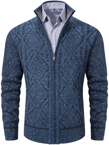 VtuAOL Men's Casual Stand Collar Full Zip Sweater Thick Knitted Cardigan Winter Coat Blue US L