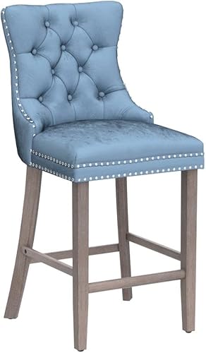 Miniatura 4 de SoarFlash Juego de 2 taburetes de bar tapizados de terciopelo modernos con patas de madera, botones acolchados, cabeza de clavo cromada, asiento de