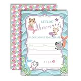 Let's be Meowmaids, Mermaid Kitty Cat Birthday Party Invitations for Girls, 20 5'x7' Fill In Cards...