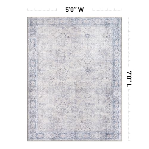 Rugshop Ocean/Blue Transitional Vintage Bordered Area Rug — Machine Washable, 5' X 7' for Living Room, Bedroom and Home Office