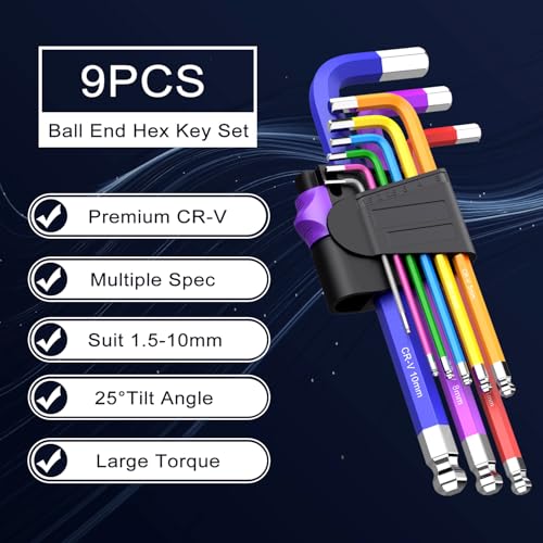 Image of 9PCS Ball End Hex Key Set,Cr-V Metric Allen Key Set, Long Hex Key Set with Size Coding 1.5-10mm for Furniture Assembly
