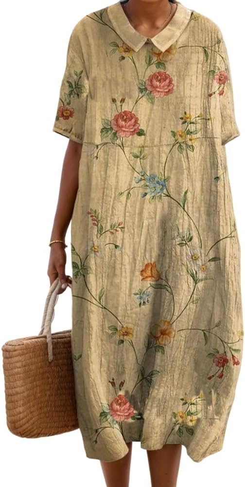 Women's summer floral print beach dress, vintage, casual, loose fit.