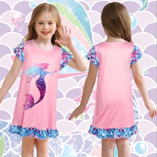 HenzWorld Girls Nightgown Short Sleeve Nightdress Unicorn Mermaid Cat Printed Casual Pajamas Kids Girls Sleepwear 3-10 Years2