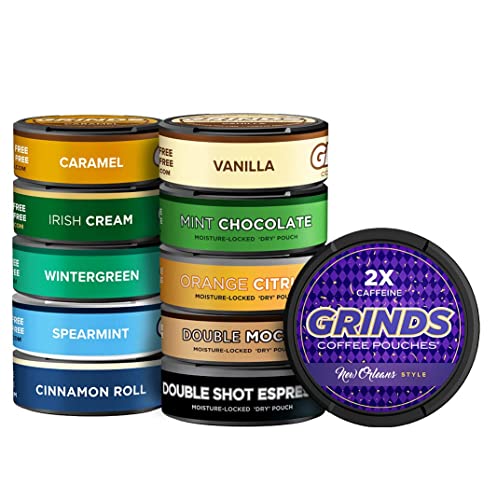 Grinds Coffee Pouches | All-in-One 11 Can Variety Pack | Tobacco Free, Nicotine Free Healthy Alternative | 18 Pouches Per Can | 1 Pouch eq. 1/4 Cup of Coffee EXCEPT for New Orleans Flavor