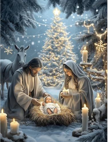 Christmas Night Stamped Cross Stitch Kits - Jesus Nativity Counted Cross Stitch Kits for Beginners, Needlepoint Cross-Stitch Patterns Dimensions for Home Decor 12×16 Inch