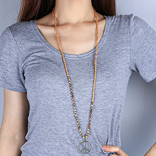 KELITCH Classic Peace Sign Necklace Love Hippie Pendant Frosted Crystal Beaded Necklace4