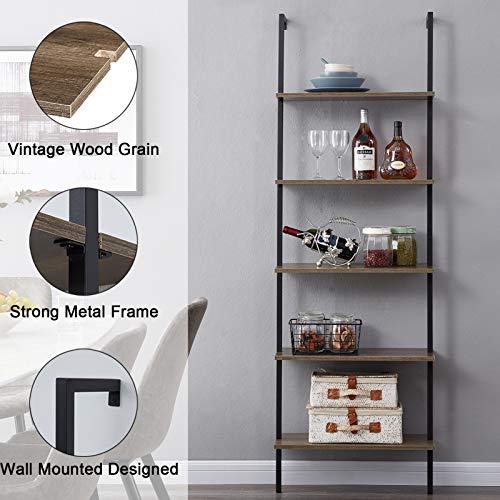 SUPERJARE Industrial Ladder Shelf, 5-Tier Wood Wall-Mounted Bookcase with Stable Metal Frame, 72 Inches Storage Rack Shelves Display Plant Flower, Stand Bookshelf for Home Office - Vintage Brown