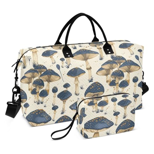 Travel Duffel Bags Old Style Mushroom Blue Beige Carry On Personal Item Bag with Toiletry Bag for Hiking 2 Pcs Set bolsa para gym para mujer