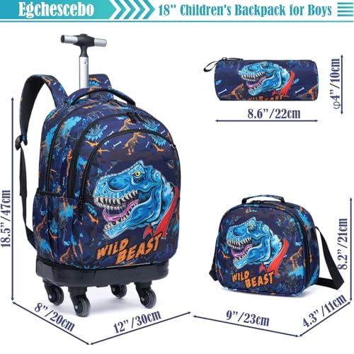 Egchescebo Kids Rolling Backpack for Boys Dinosaur Suitcases Trolley Roller Luggage Backpacks with 360° Rotating Wheels 15" Laptop Lunch Box Pencil Case for Elementary 18” Travel School Bag Blue by Egchescebo - Used condition - Image 2