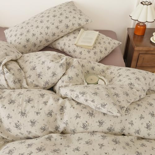 Image of VM VOUGEMARKET King Size Double Layer Gauze Duvet Cover Set, Off-White Duvet Cover with Gray Floral Prints Bedding Set for Cottagecore Decor