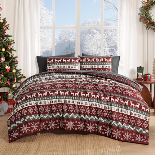 Image of MaiReve Christmas Queen Comforter Set, Red Reindeer Snowflake Bed Set for Holiday, Reversible Plaid Checkered Comforter Bed in a Bag, Soft Bedding Set 7 Pieces with Sheets, Pillowcases & Shams