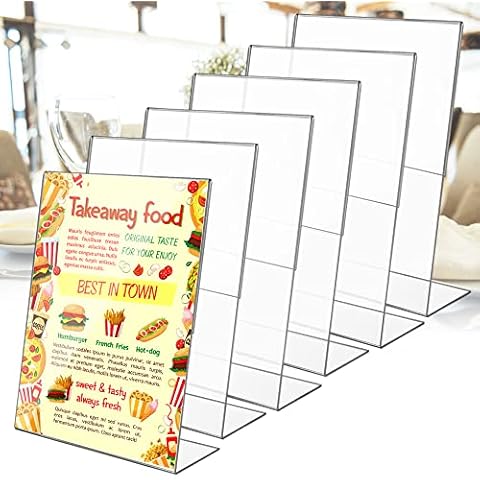 BUENTYA 6 Pcs Clear Acrylic Sign Holder, A5 Acrylic Poster Menu Holder Double Sided Slanted Menu Holder L-Shaped Table Sign Holder Counter Poster Sign Display Holder for Tables, Restaurant, Hotel Cover