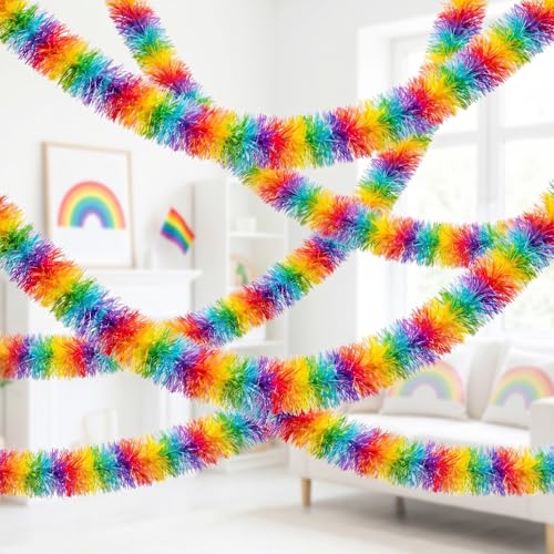 Wehhbtye 50 Ft Pride Month Tinsel Garland Rainbow Metallic Tinsel Twist Garlands LGBTQ Tinsels Garland Decoration for Pride Month Parade Floats Birthday Party Supplies Home Stairs Mantel Decor