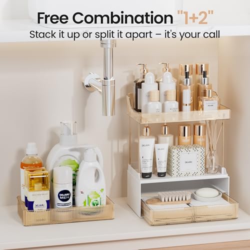 Image of Delamu 4-Tier Makeup Organizer, Bathroom Counter Storage, 2 Drawers, Amber